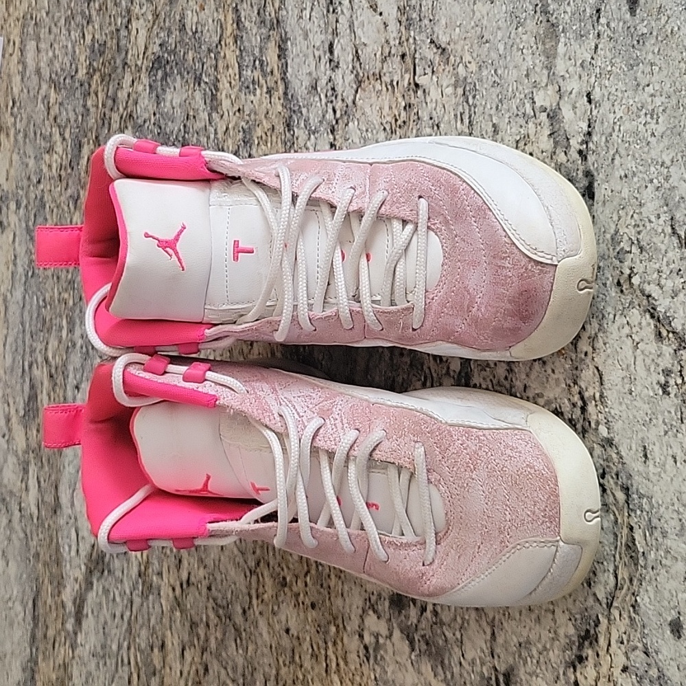 Used Pink and white Nike Air Jordan 12's, size 6.5Y